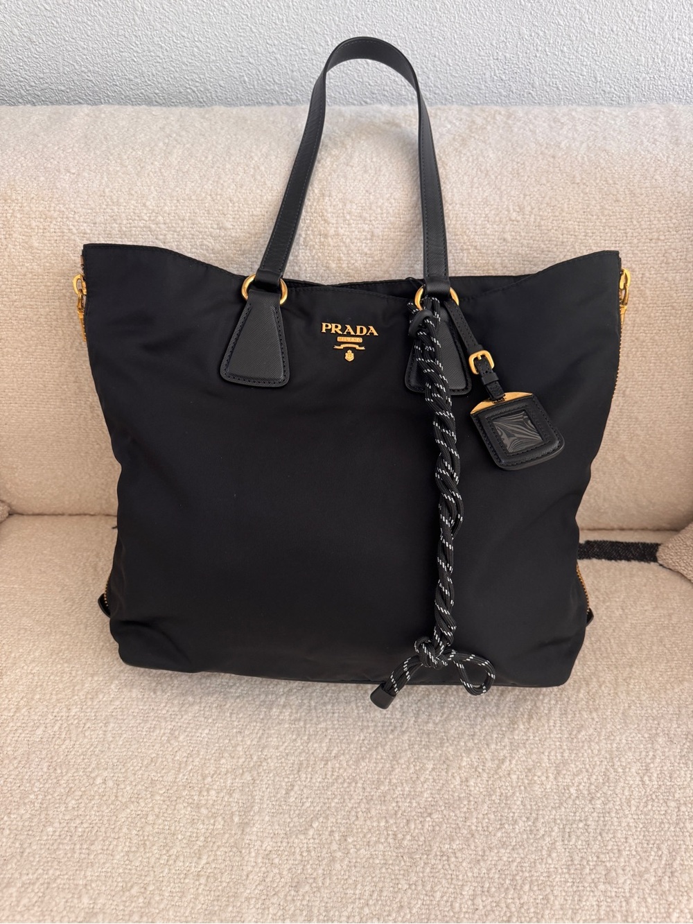 Prada Black Nylon Tote with Gold Logo and Accents